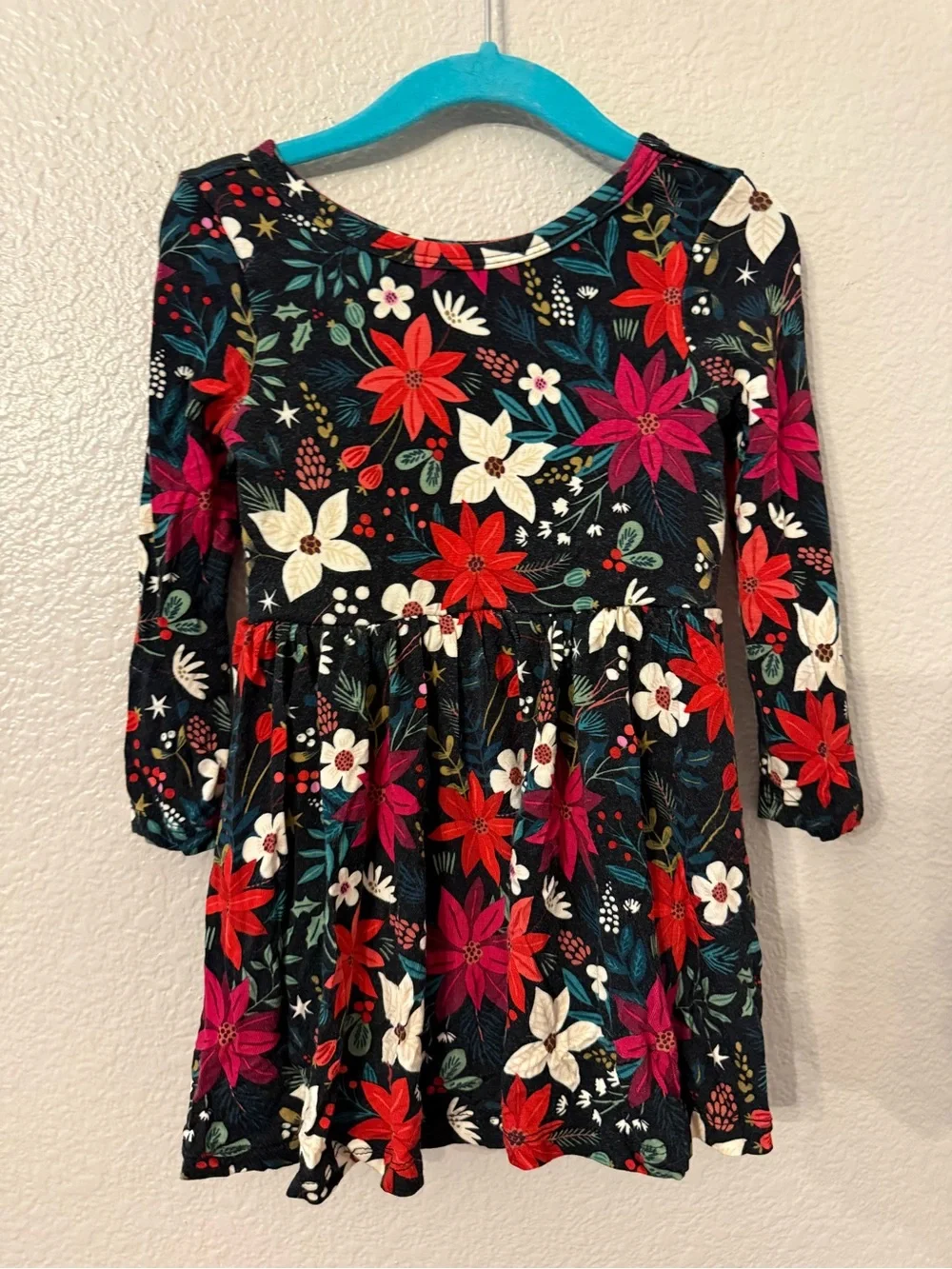 Little Sleepies Black Floral Long Sleeve Dress - Red, Pink & Cream Poinsettias